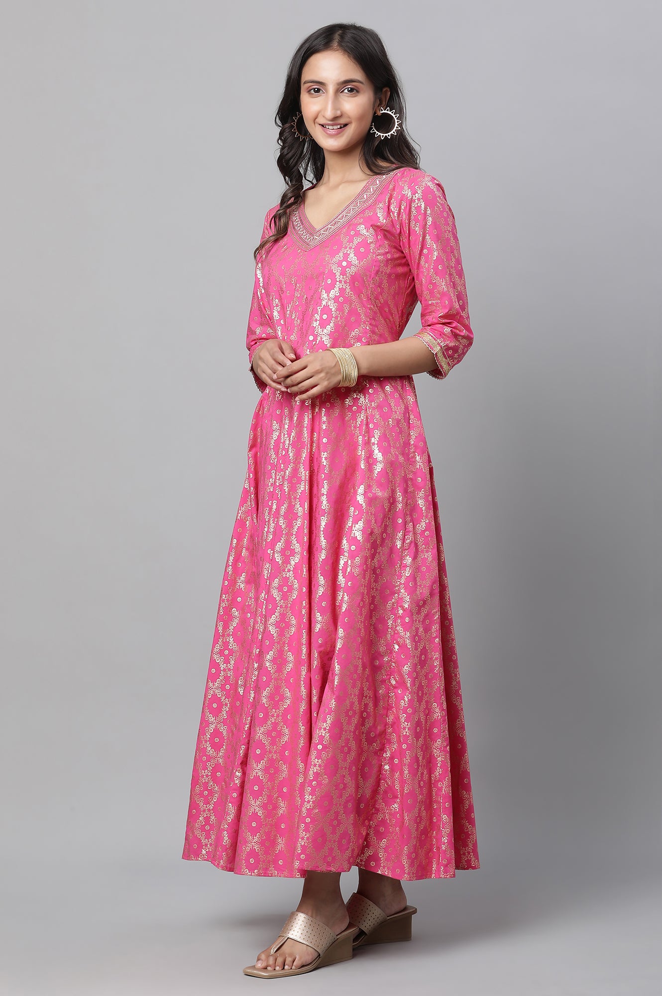 Pink Foil Printed Embroidered Anarkali Dress