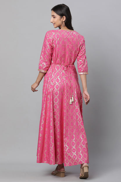 Pink Foil Printed Embroidered Anarkali Dress