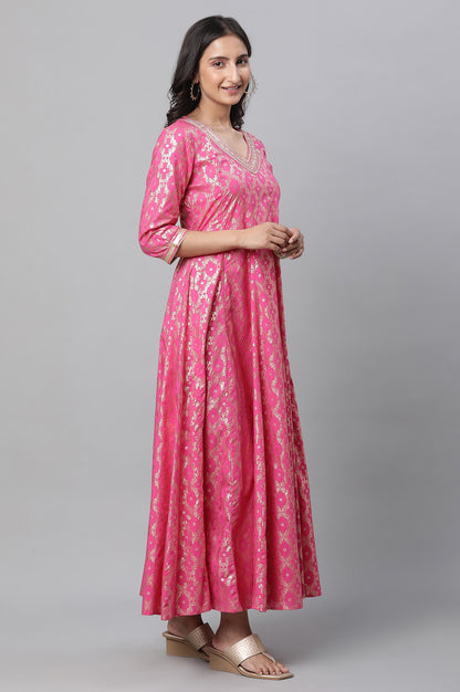 Pink Foil Printed Embroidered Anarkali Dress