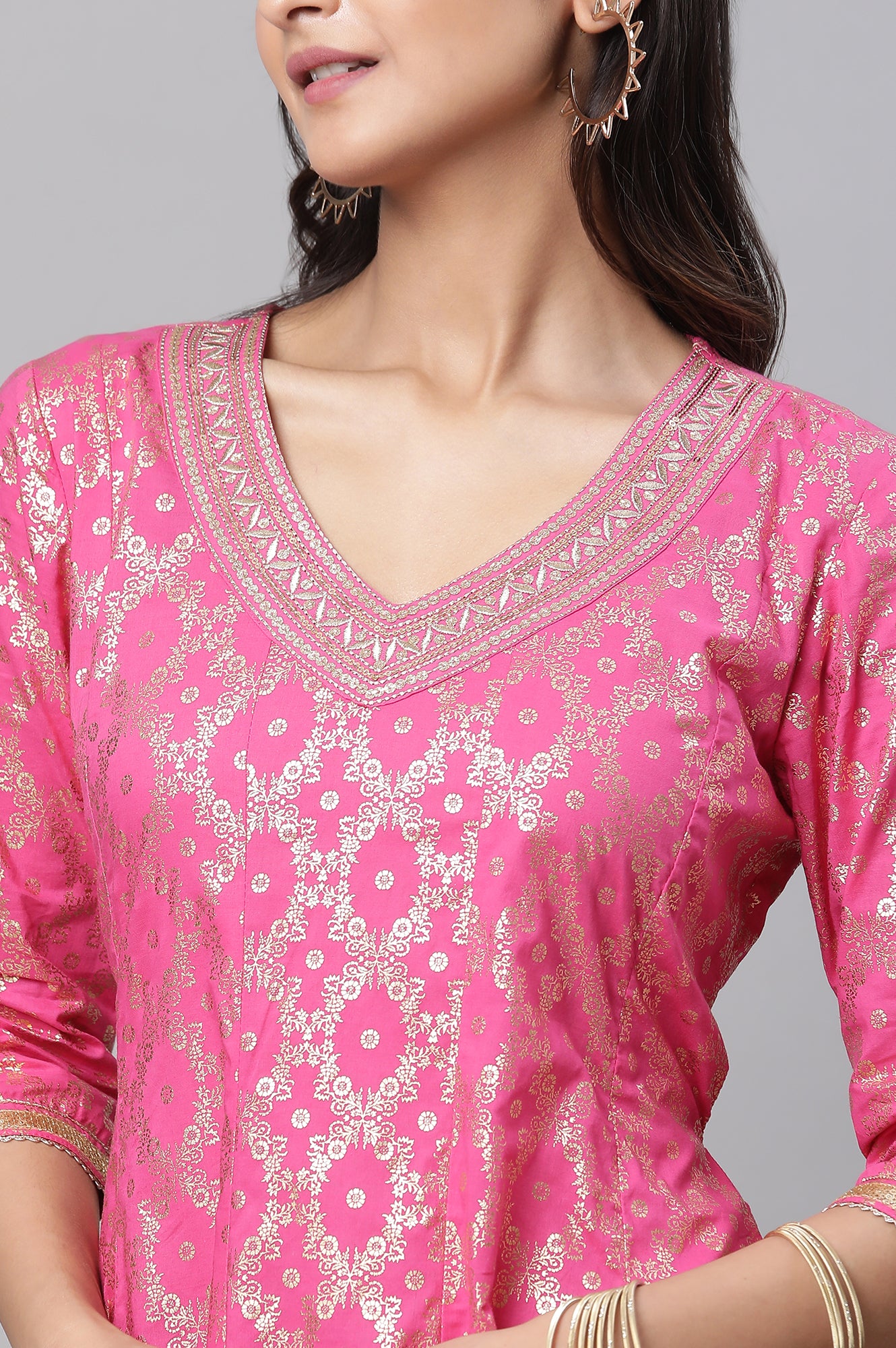 Pink Foil Printed Embroidered Anarkali Dress