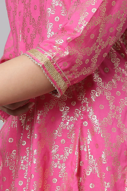 Pink Foil Printed Embroidered Anarkali Dress