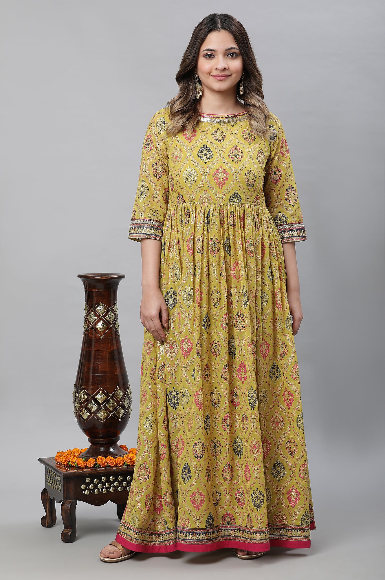 Green Foil Printed Embellished Kurta