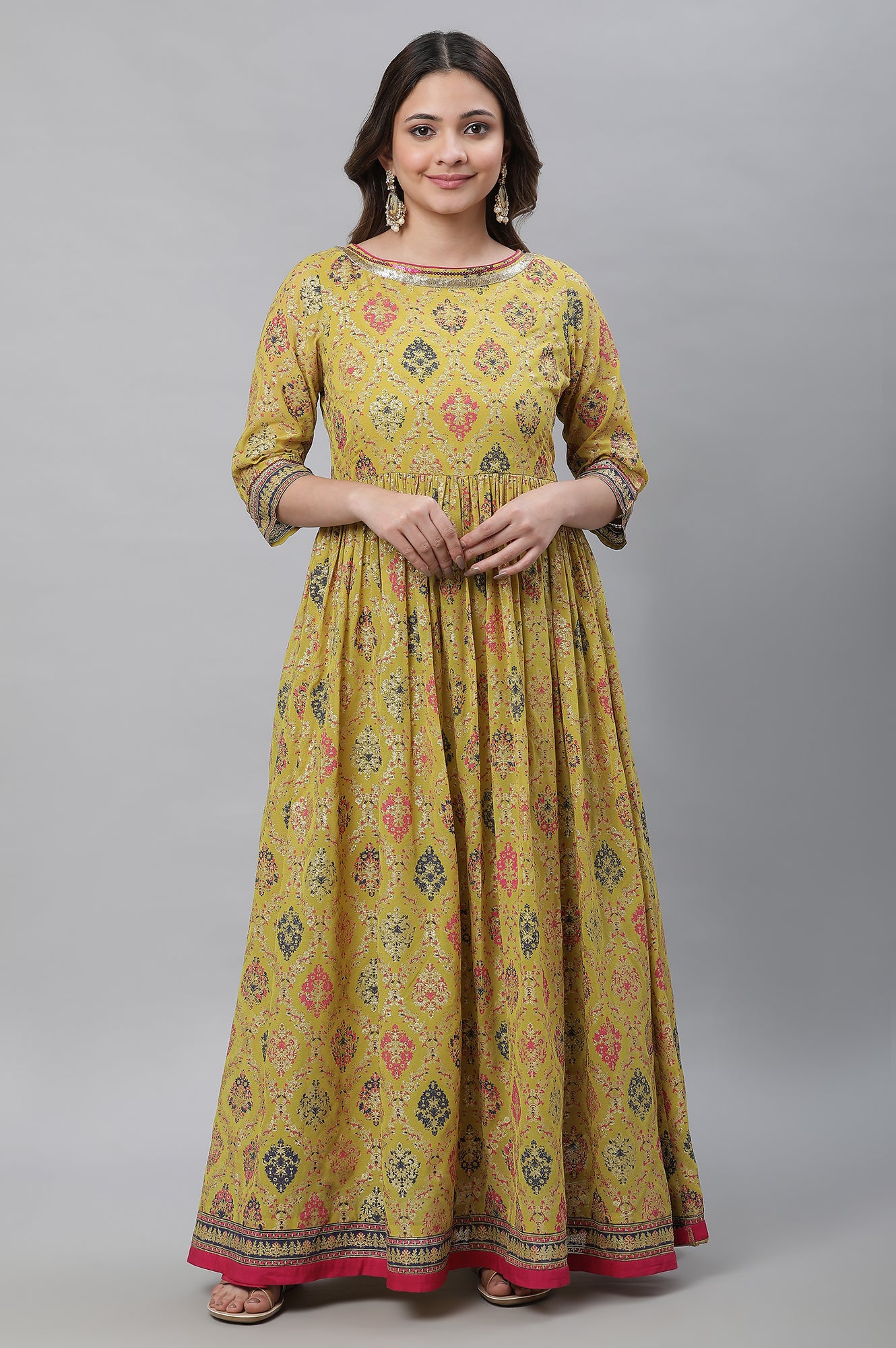 Green Foil Printed Embellished Kurta