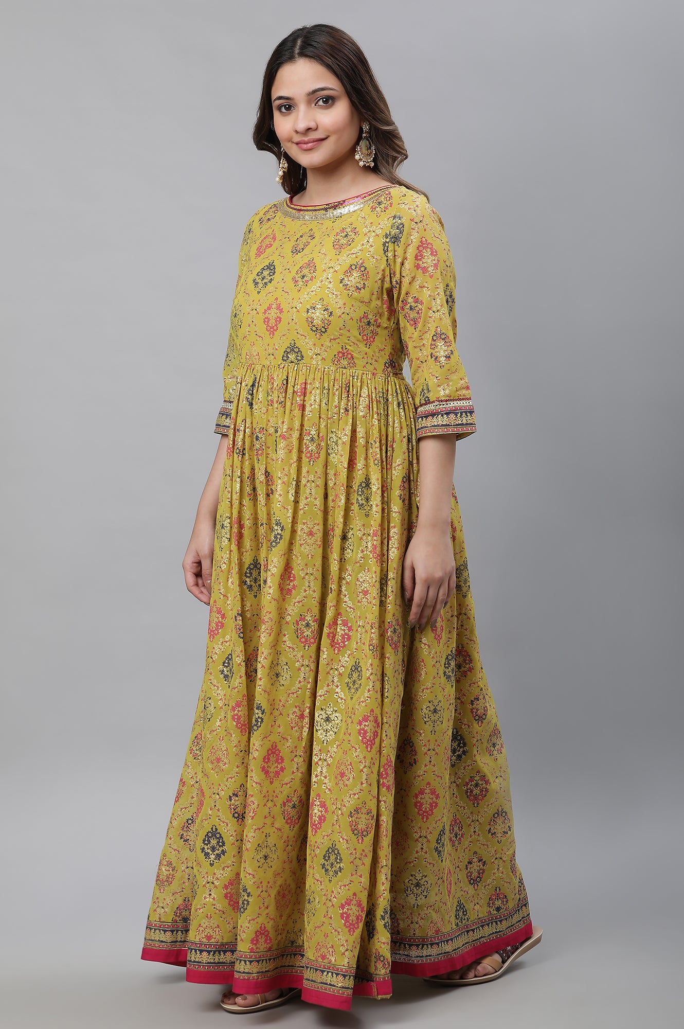 Green Foil Printed Embellished Kurta