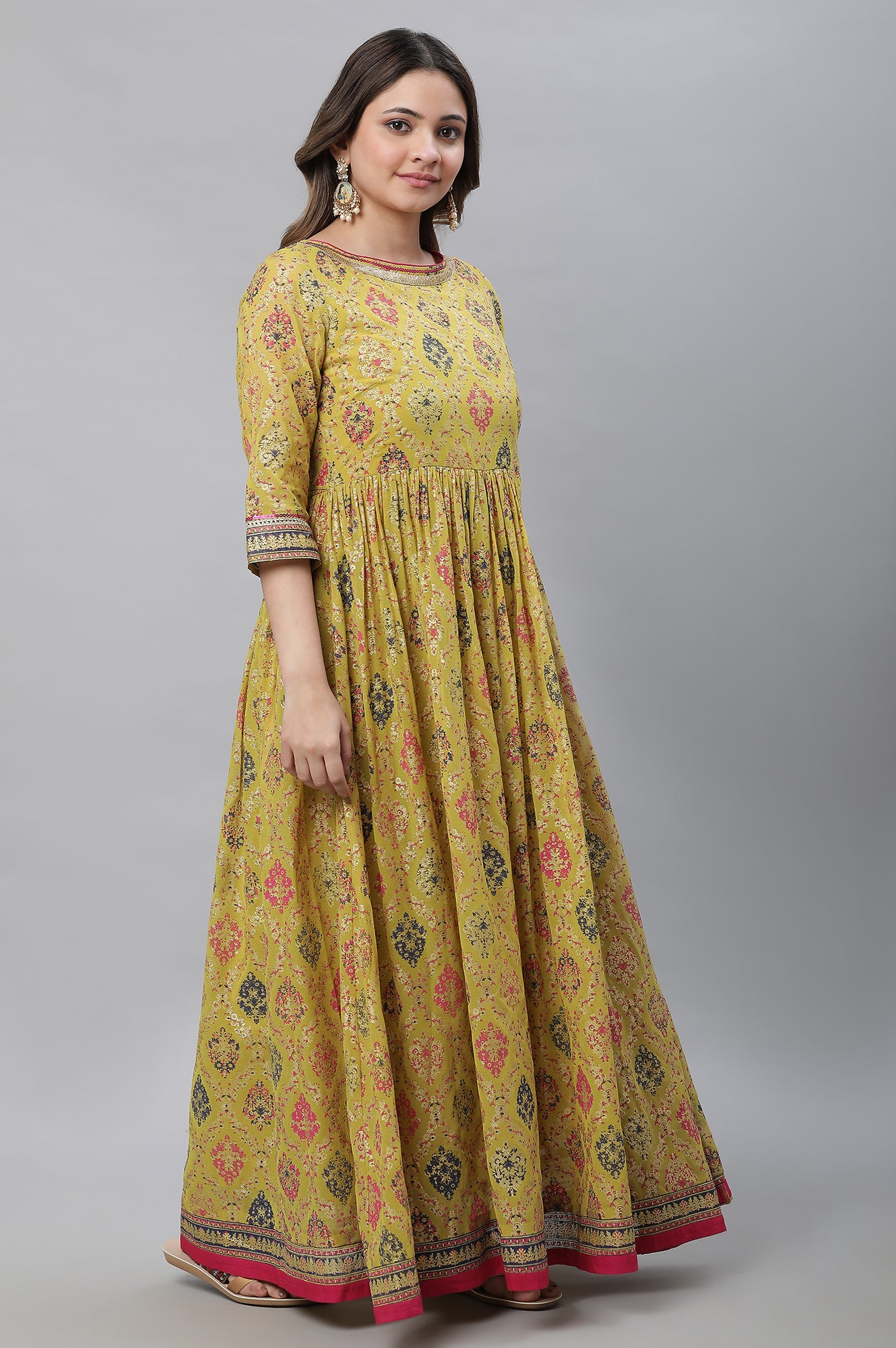 Green Foil Printed Embellished Kurta