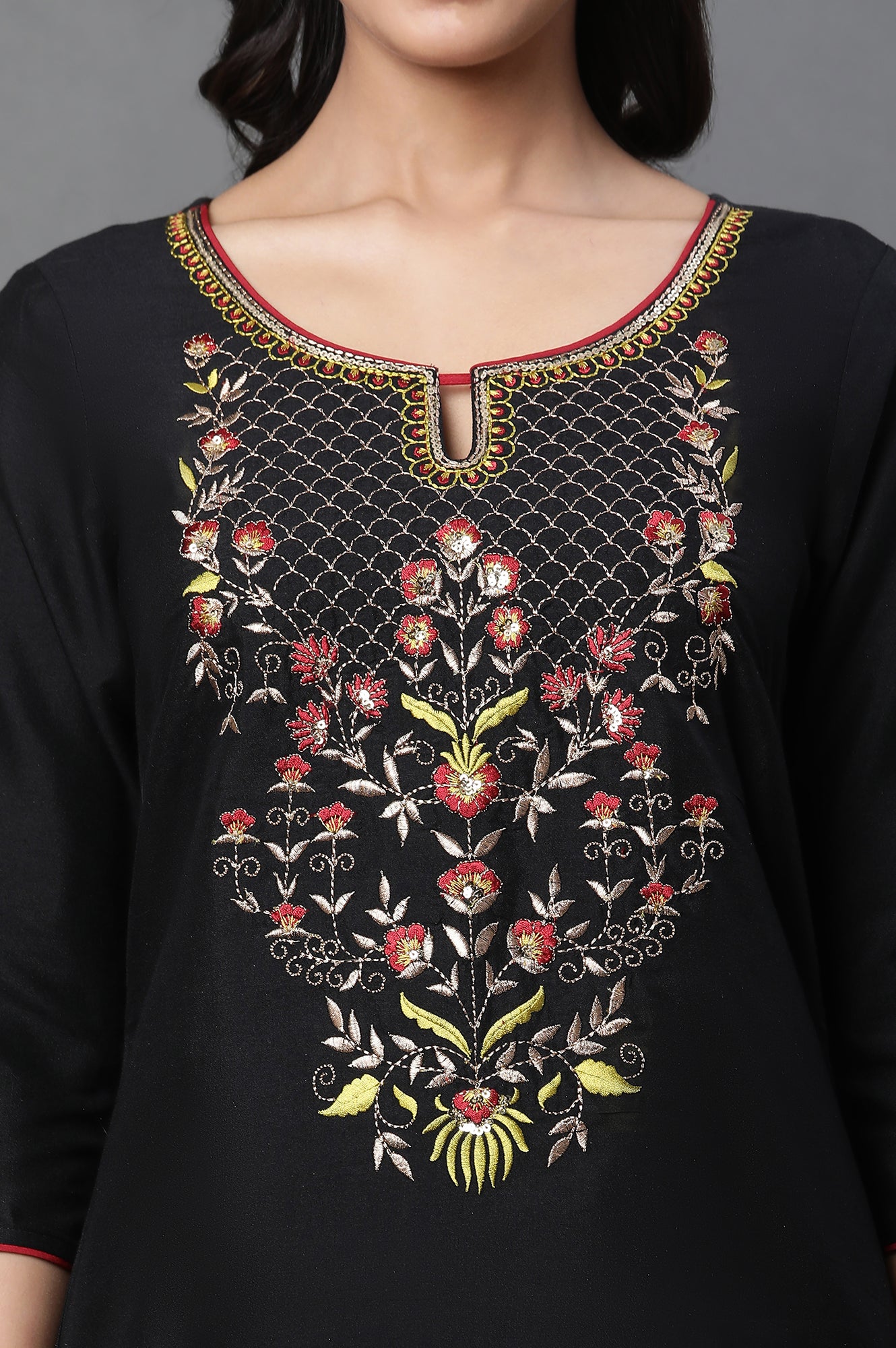 Black Zari Embroidery with Sequins Straight Kurta and Palazzo Set