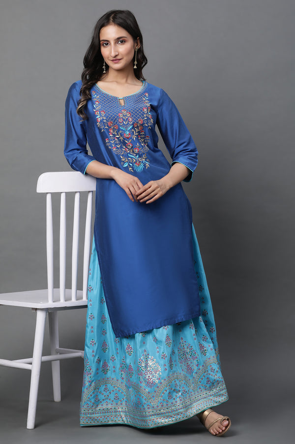 Blue Solid Embroidered Zari Straight Kurta