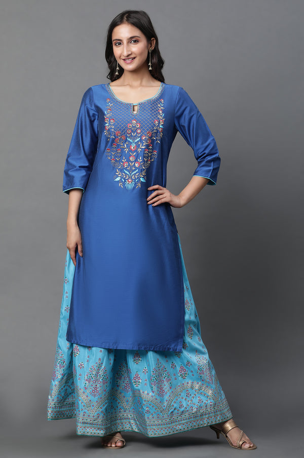 Blue Solid Embroidered Zari Straight Kurta