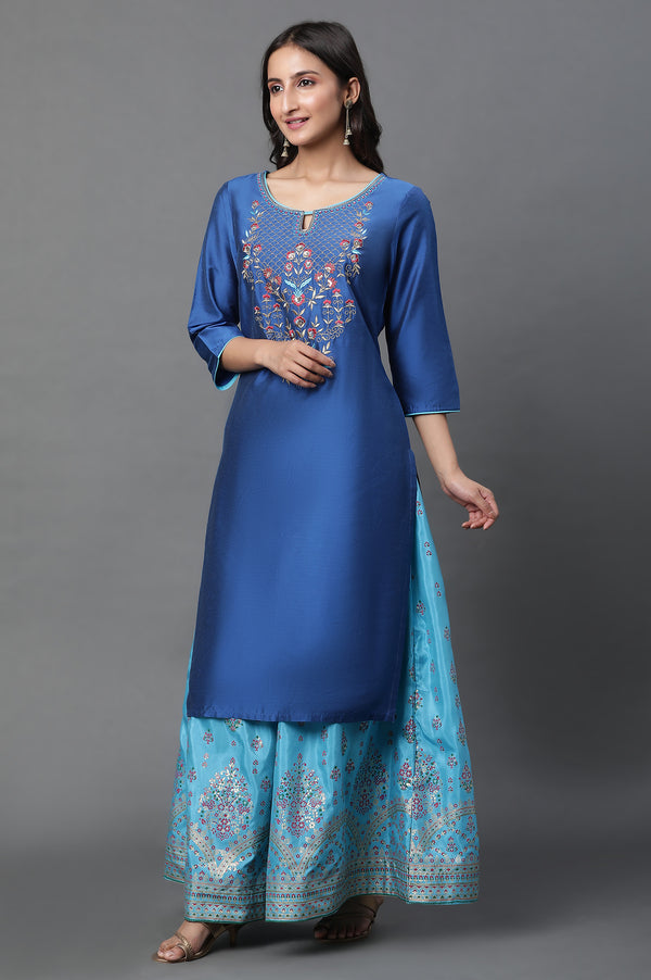 Blue Solid Embroidered Zari Straight Kurta