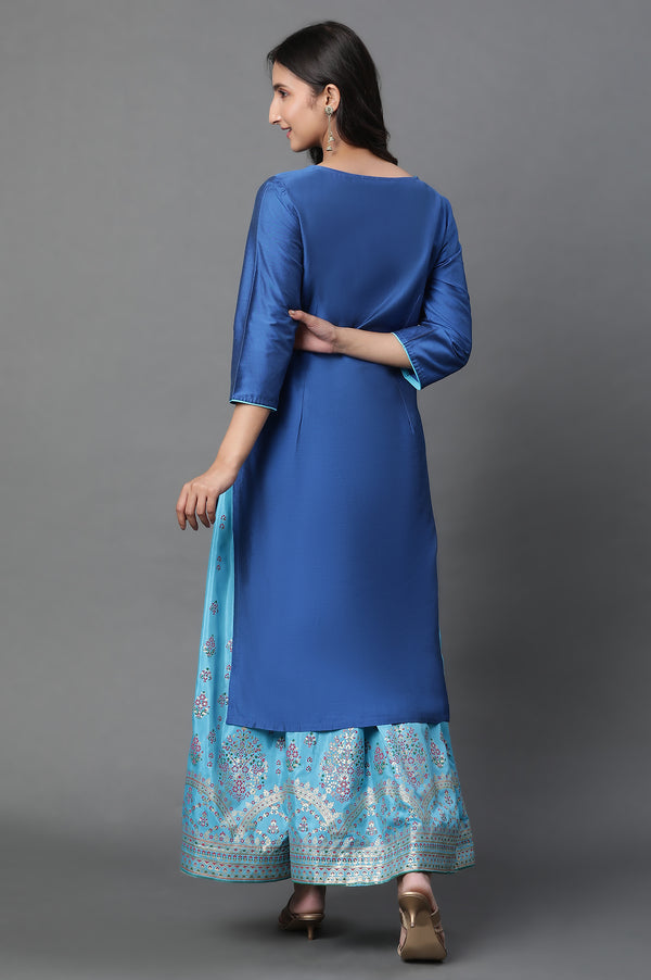 Blue Solid Embroidered Zari Straight Kurta