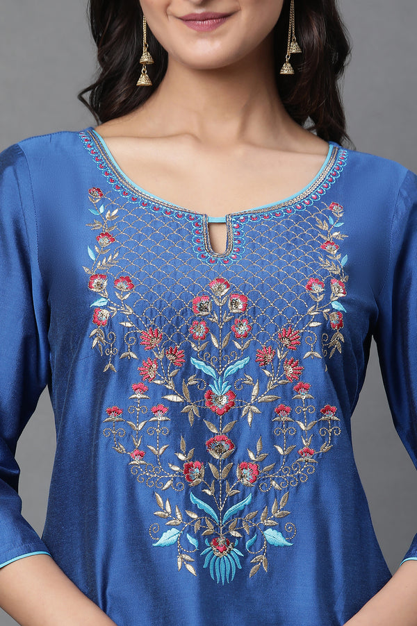 Blue Solid Embroidered Zari Straight Kurta