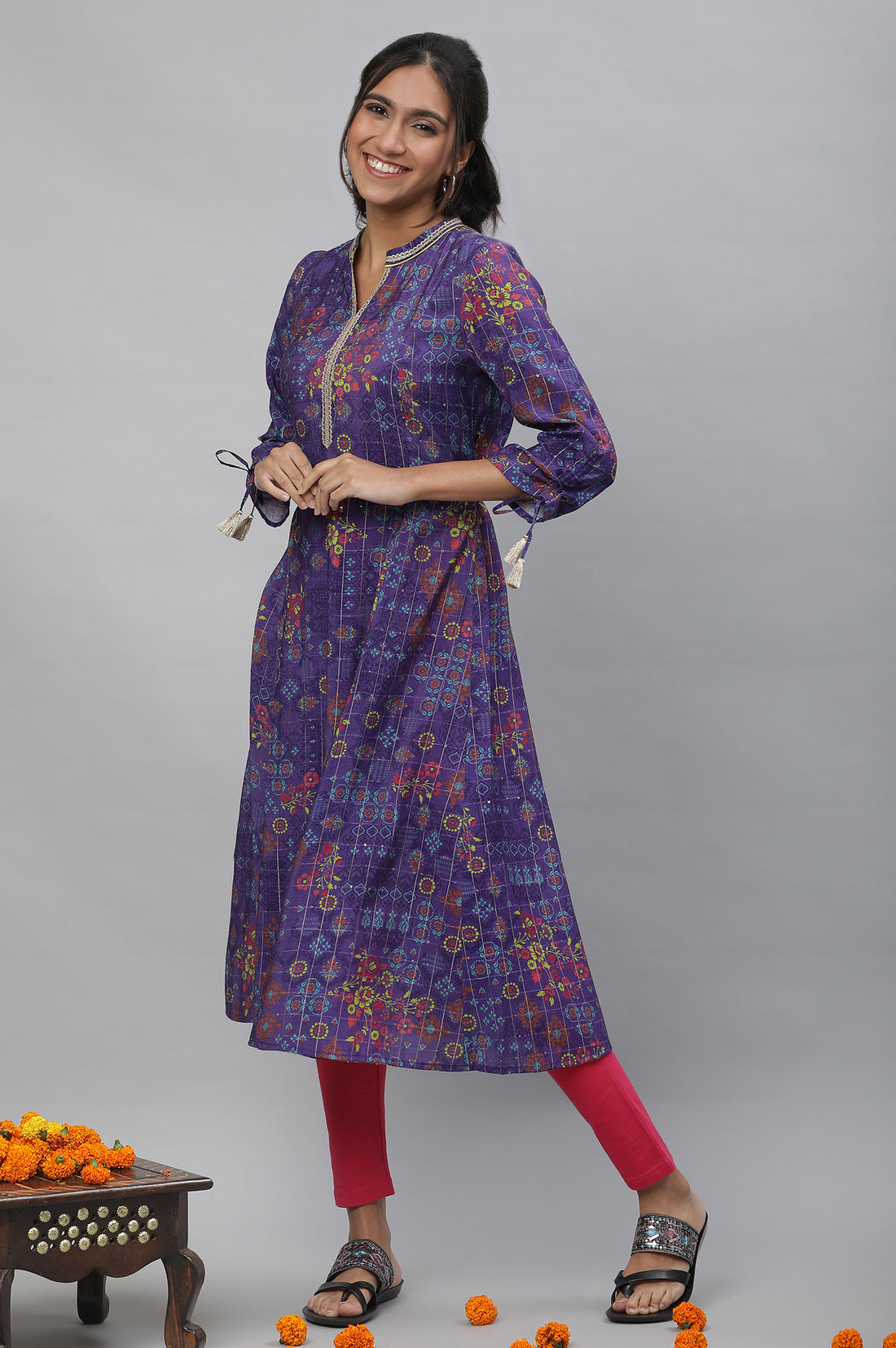 Purple A-line Printed Kurta with Lace