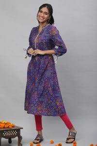 Purple A-line Printed Kurta with Lace
