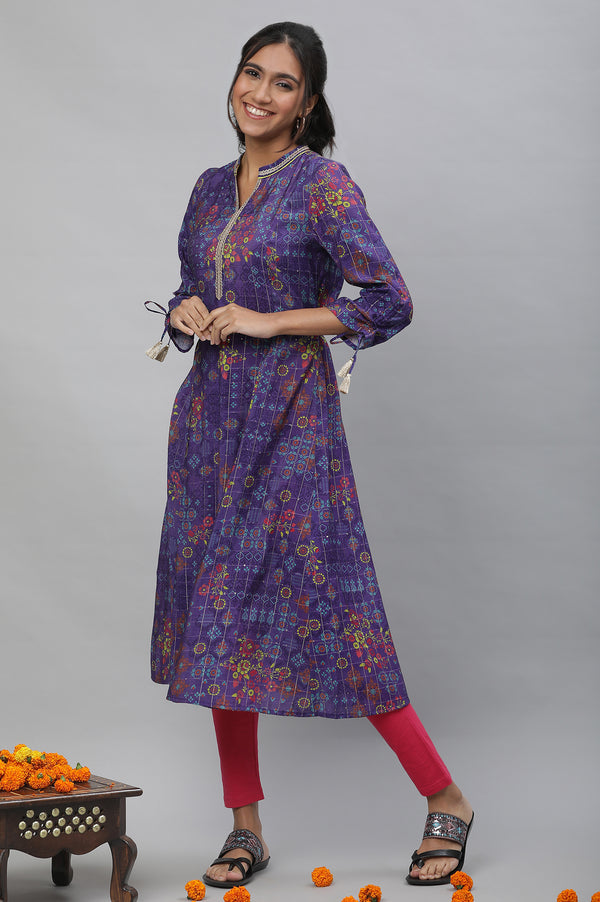 Purple A-line Printed Kurta with Lace
