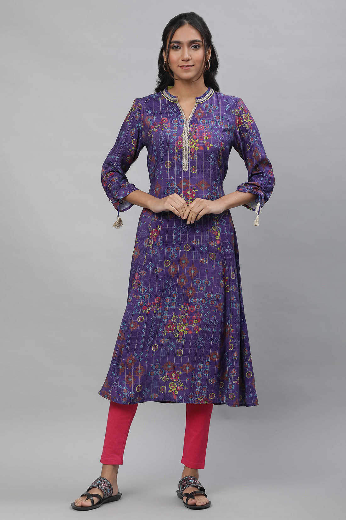 Purple A-line Printed Kurta with Lace