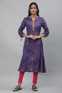 Purple A-line Printed Kurta with Lace