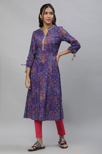 Purple A-line Printed Kurta with Lace
