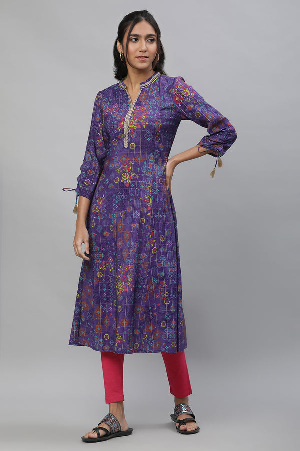 Purple A-line Printed Kurta with Lace