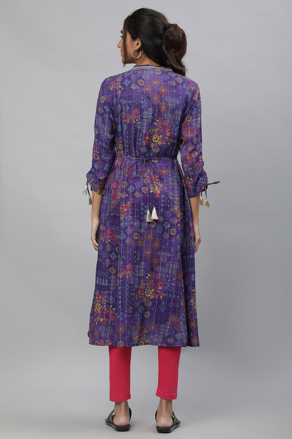 Purple A-line Printed Kurta with Lace