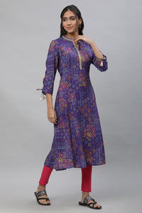 Purple A-line Printed Kurta with Lace
