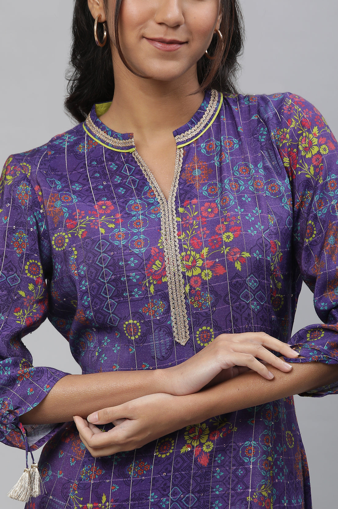 Purple A-line Printed Kurta with Lace
