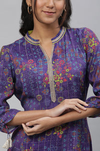 Purple A-line Printed Kurta with Lace