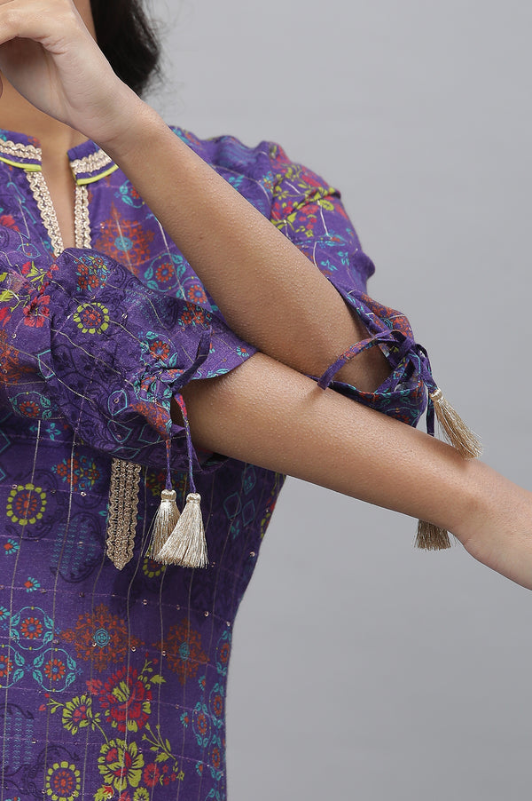 Purple A-line Printed Kurta with Lace