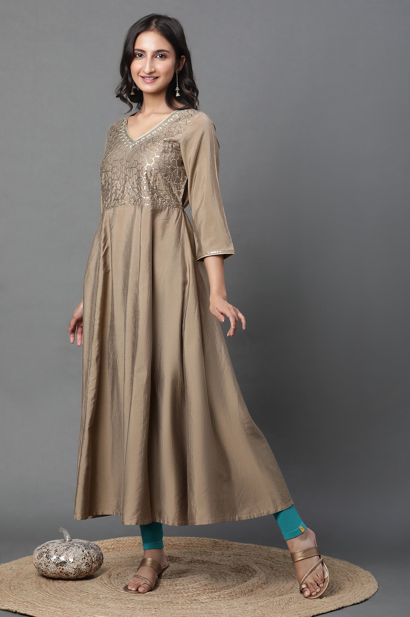 Golden Zari Embroidred Flared Kurta