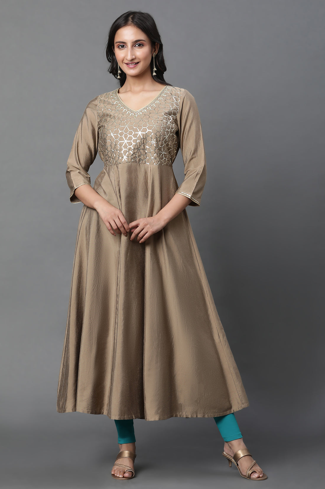 Golden Zari Embroidered Flared Festive Kurta