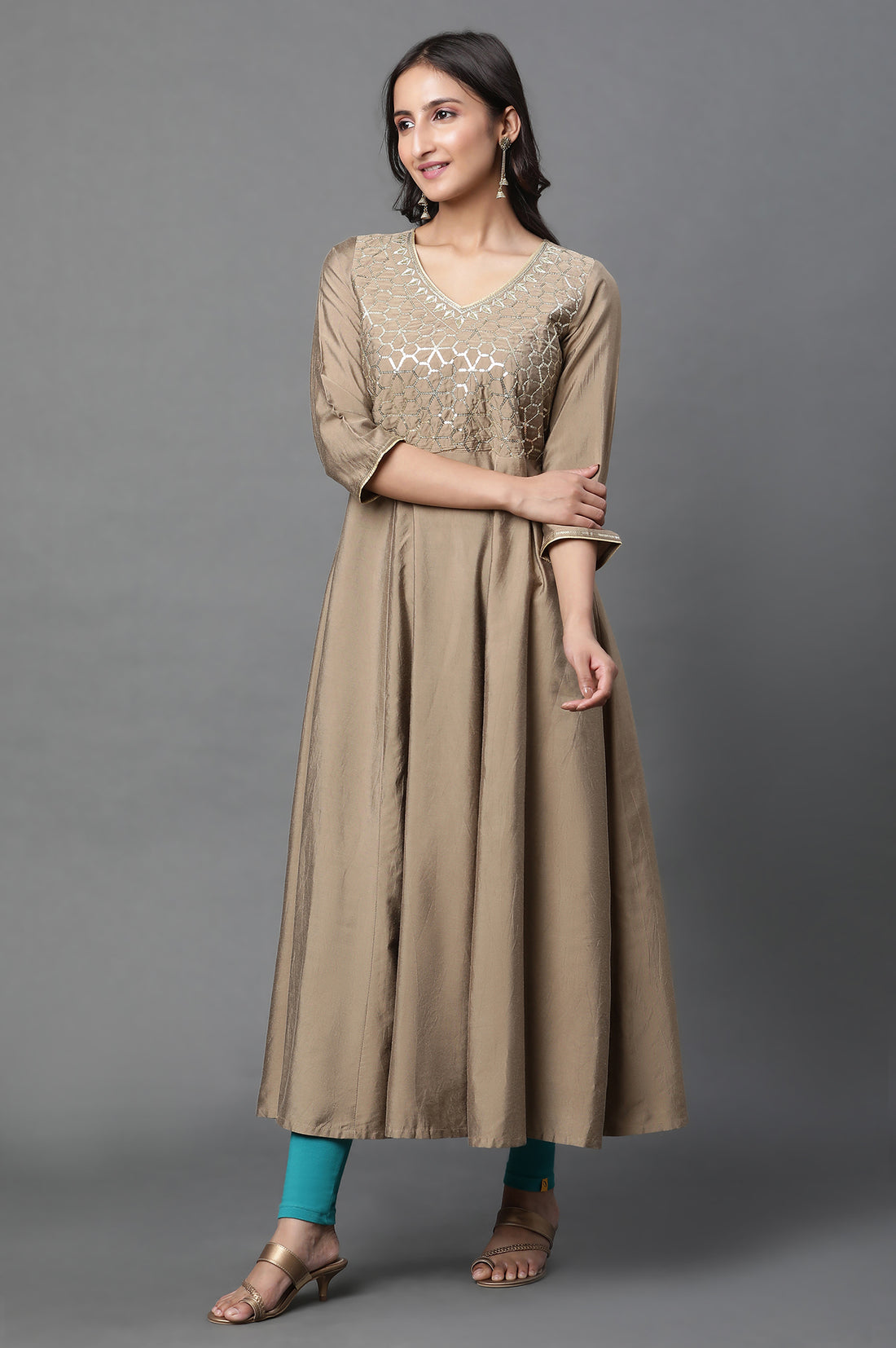 Golden Zari Embroidered Flared Festive Kurta