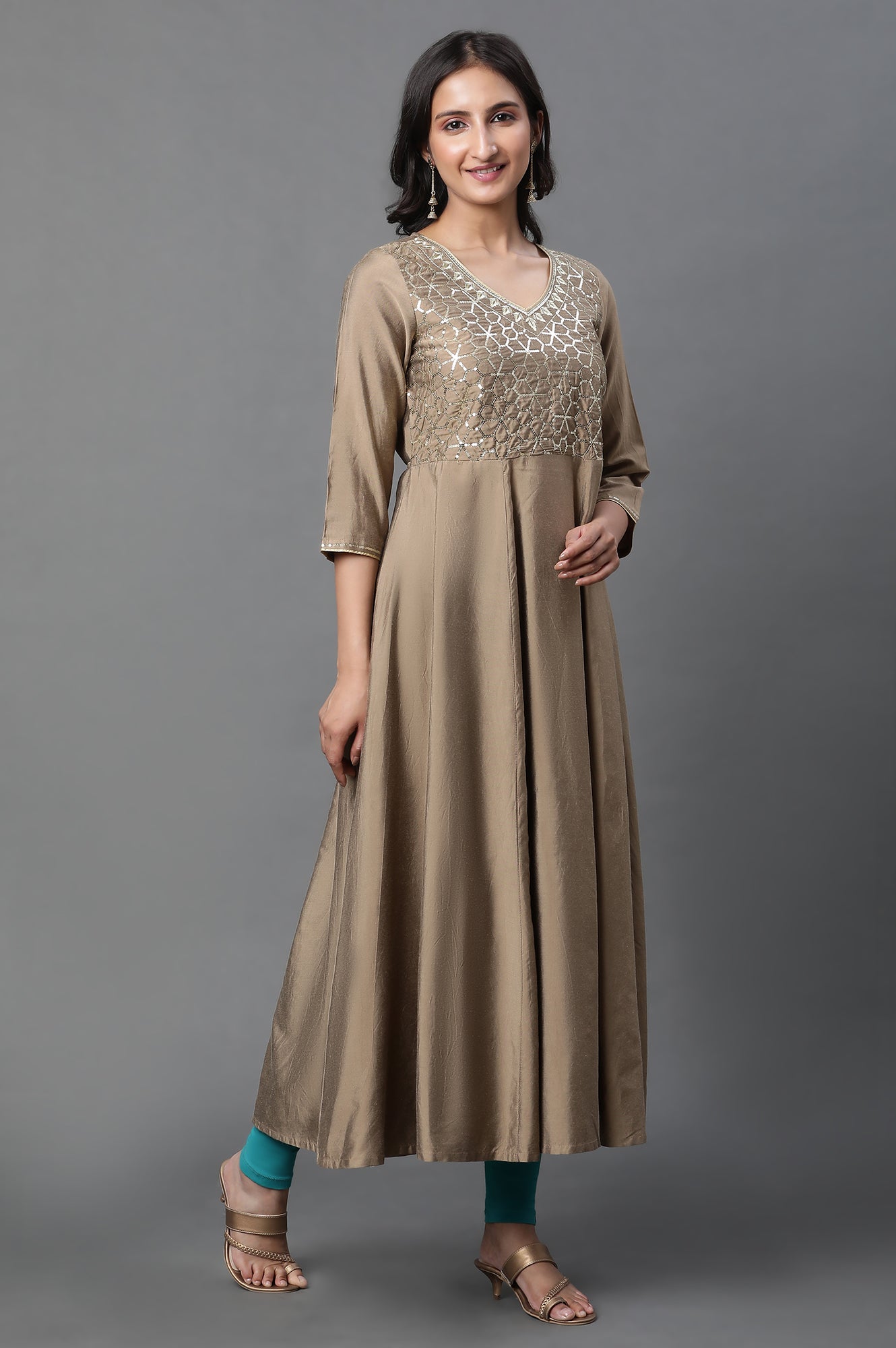 Golden Zari Embroidred Flared Kurta