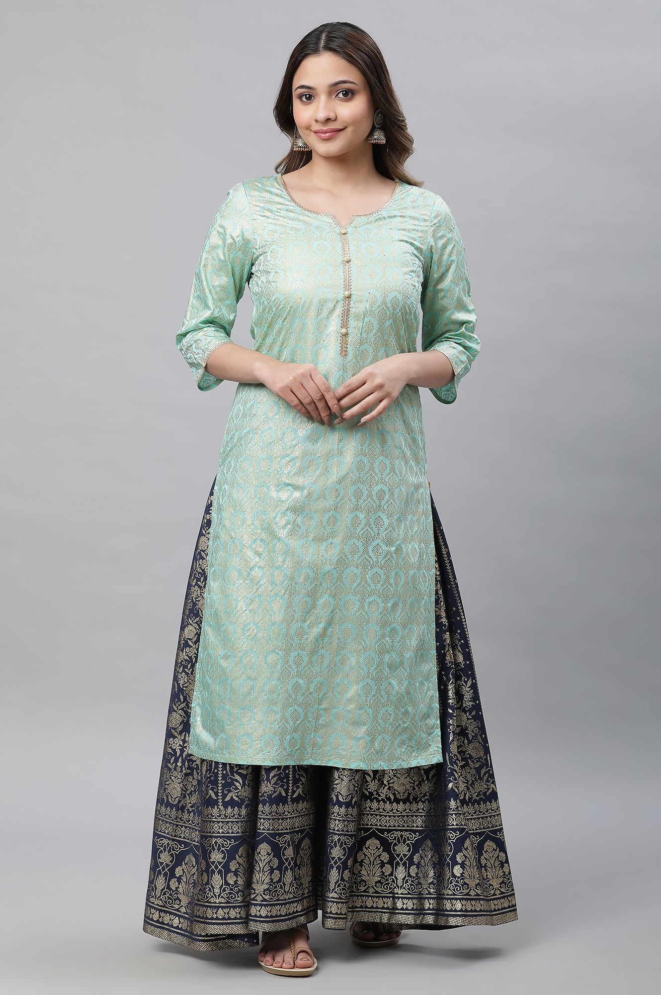 Green Foil Printed Embellished Kurta