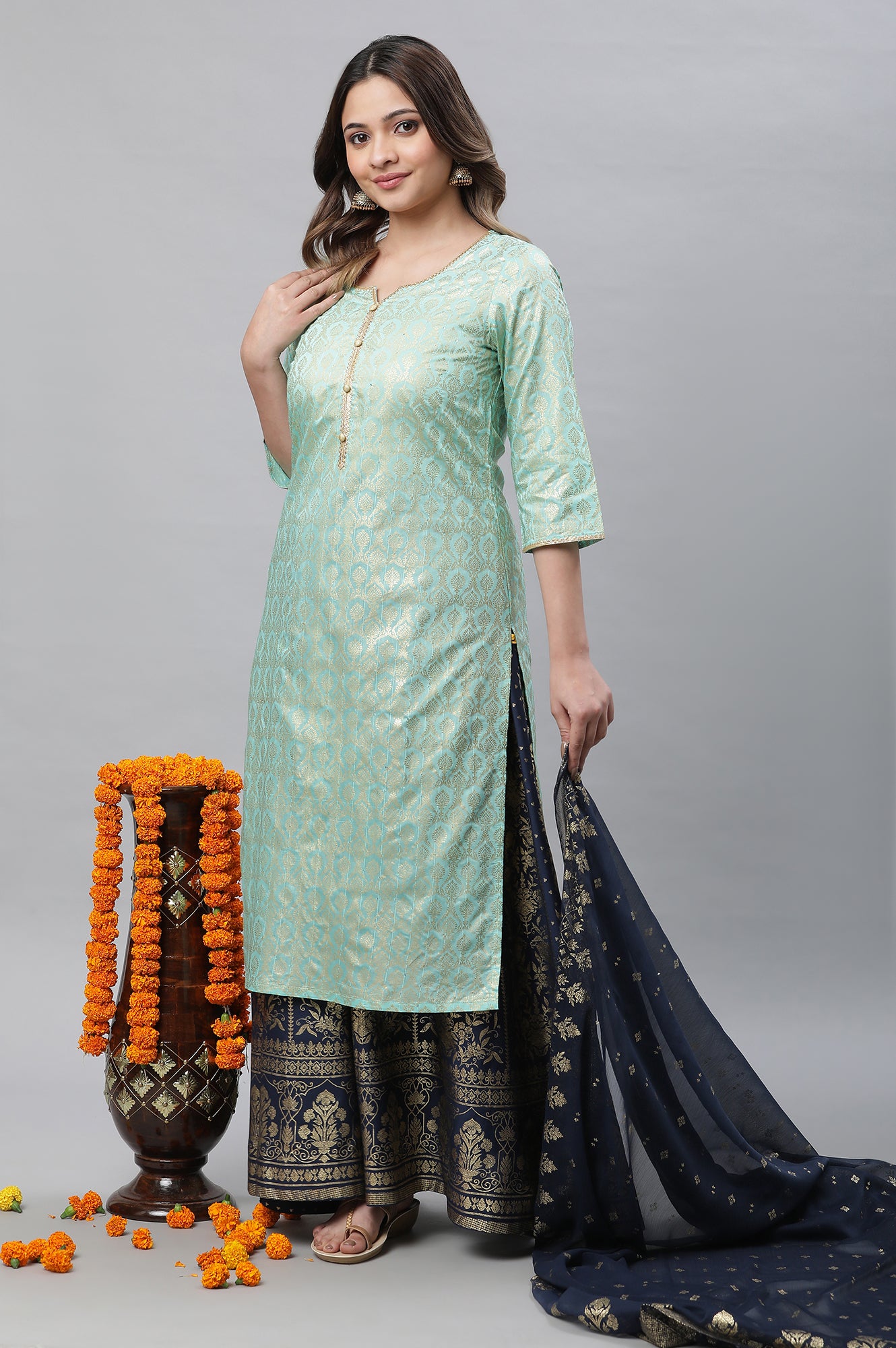 Green Foil Printed Embellished Kurta