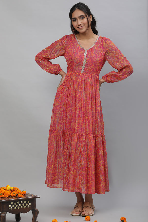 Purple Floral Printed Cotton Dress with Lace Detailing