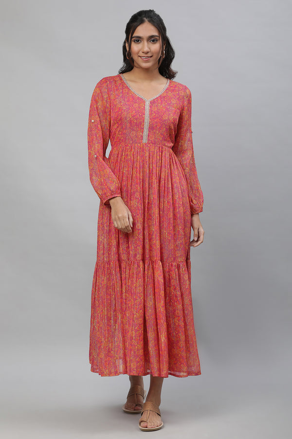 Purple Floral Printed Cotton Dress with Lace Detailing