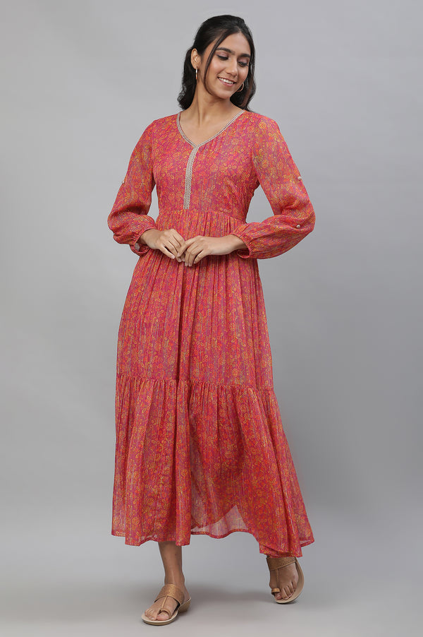 Purple Floral Printed Cotton Dress with Lace Detailing