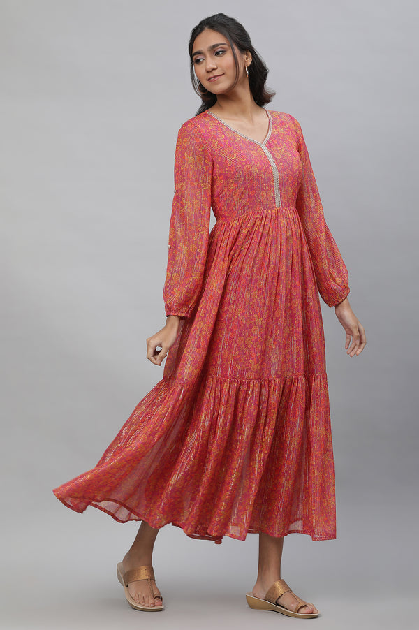 Purple Floral Printed Cotton Dress with Lace Detailing