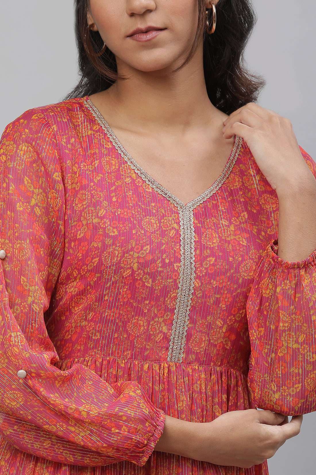 Purple Floral Printed Cotton Dress with Lace Detailing