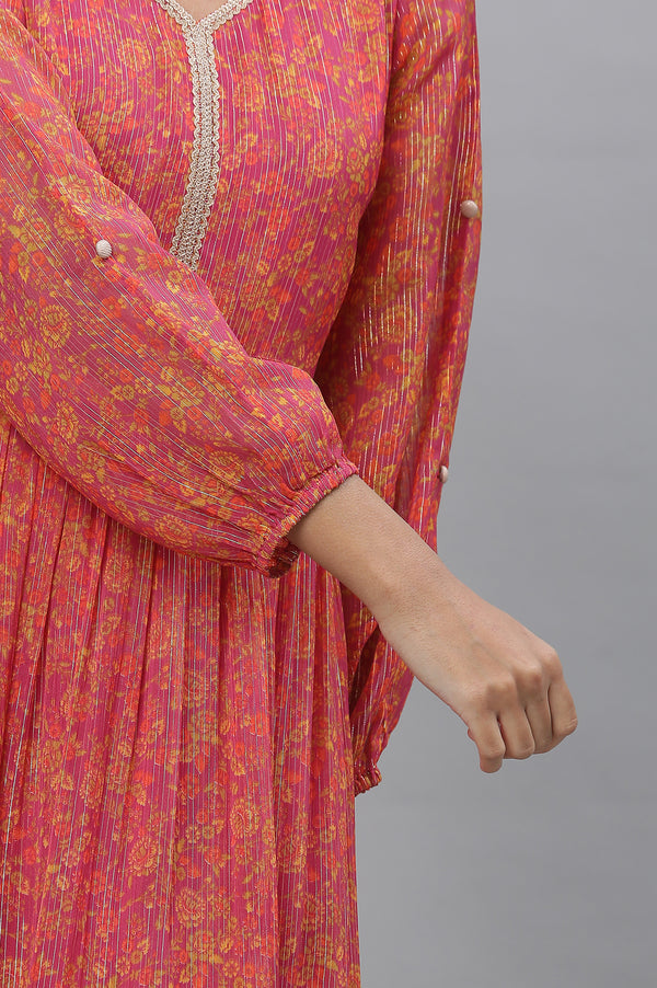 Purple Floral Printed Cotton Dress with Lace Detailing