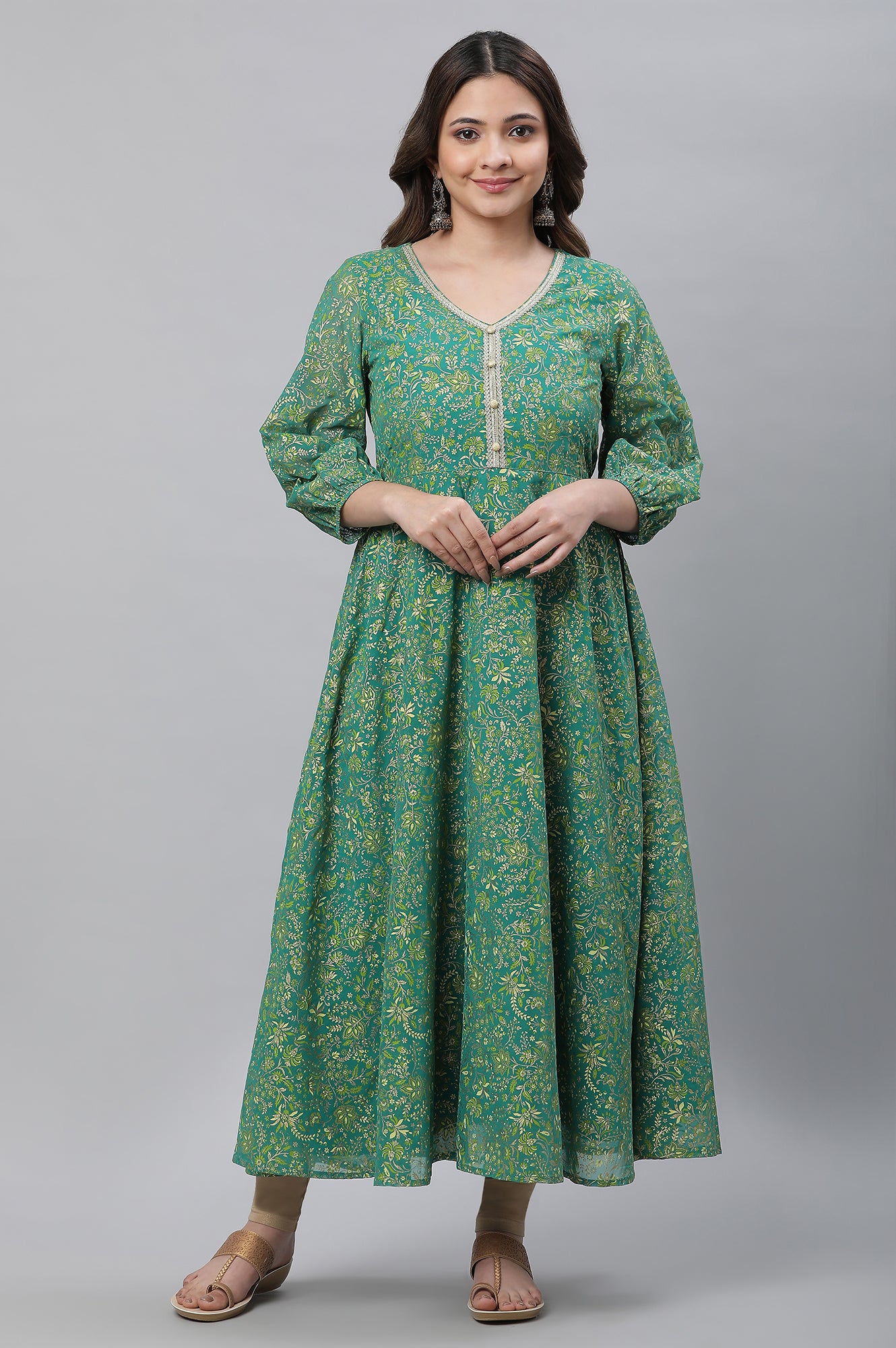 Green Floral Foil Printed Flared Kurta