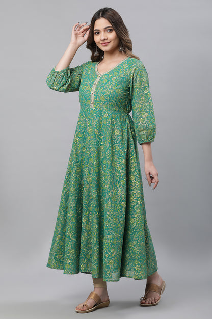 Green Floral Foil Printed Flared Kurta