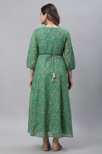 Green Floral Foil Printed Flared Kurta