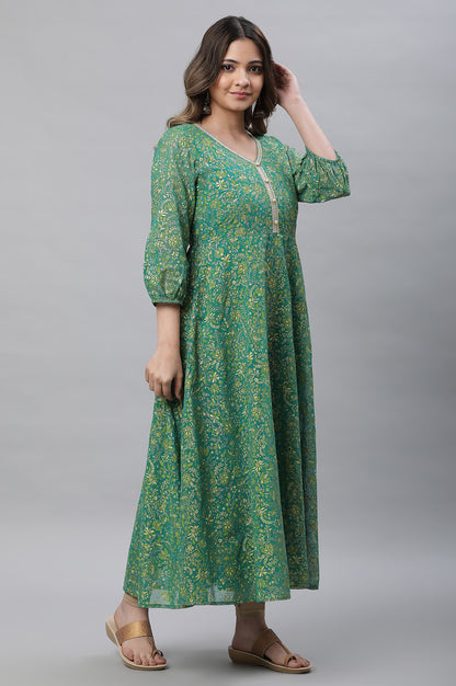 Green Floral Foil Printed Flared Kurta