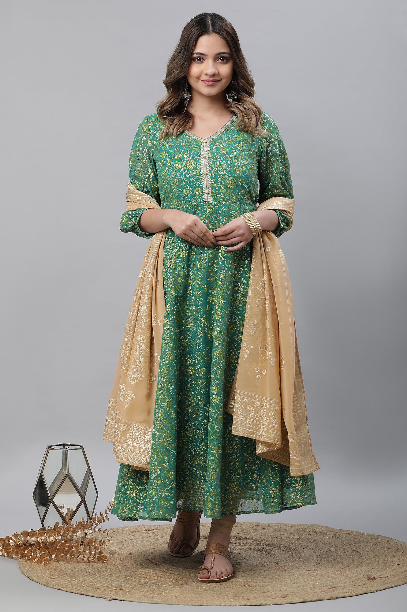 Green Floral Foil Printed Flared Kurta