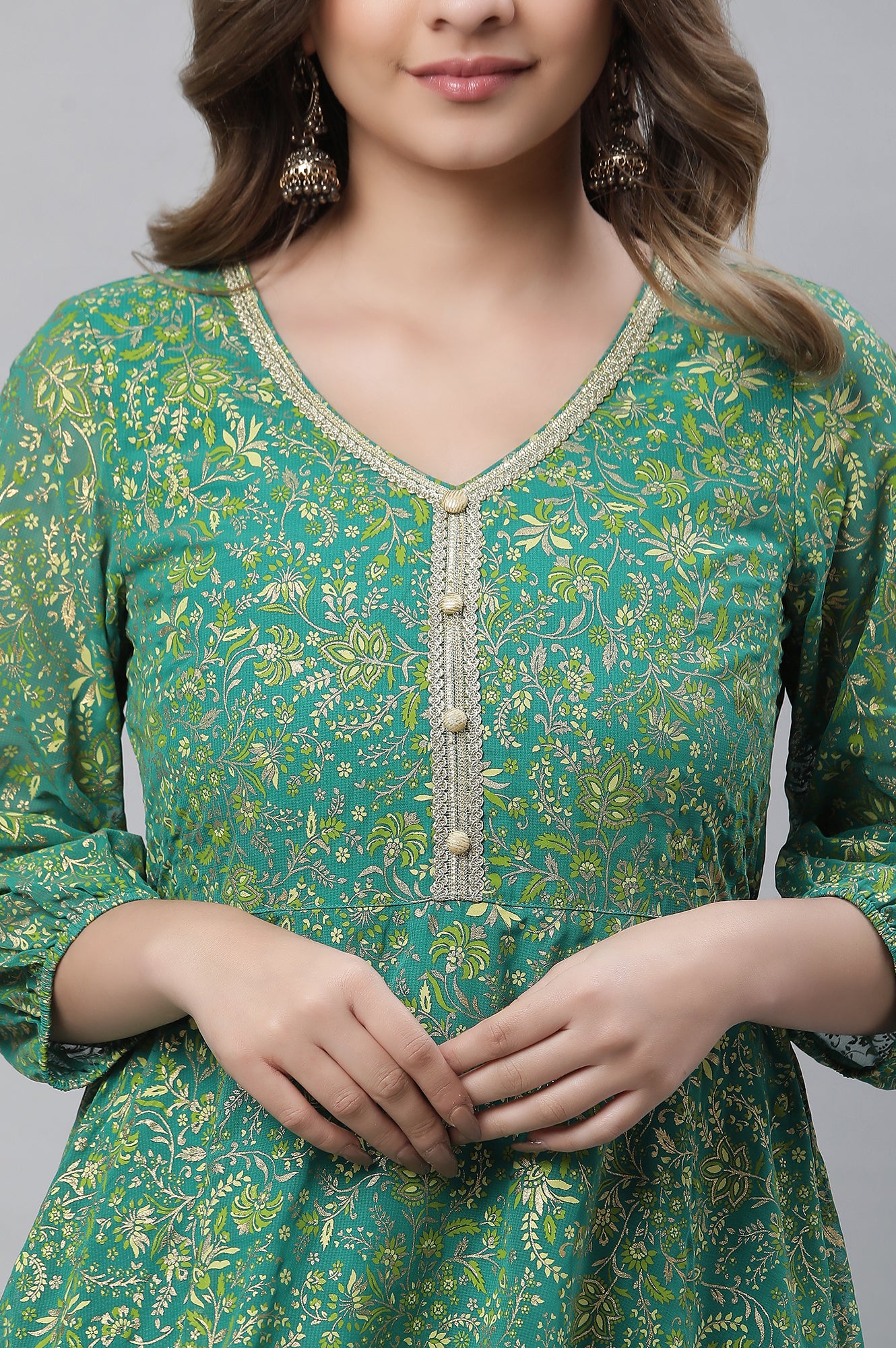 Green Floral Foil Printed Flared Kurta