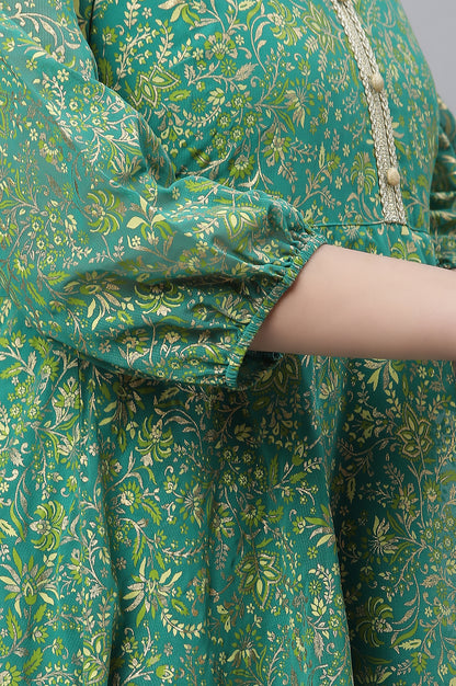 Green Floral Foil Printed Flared Kurta