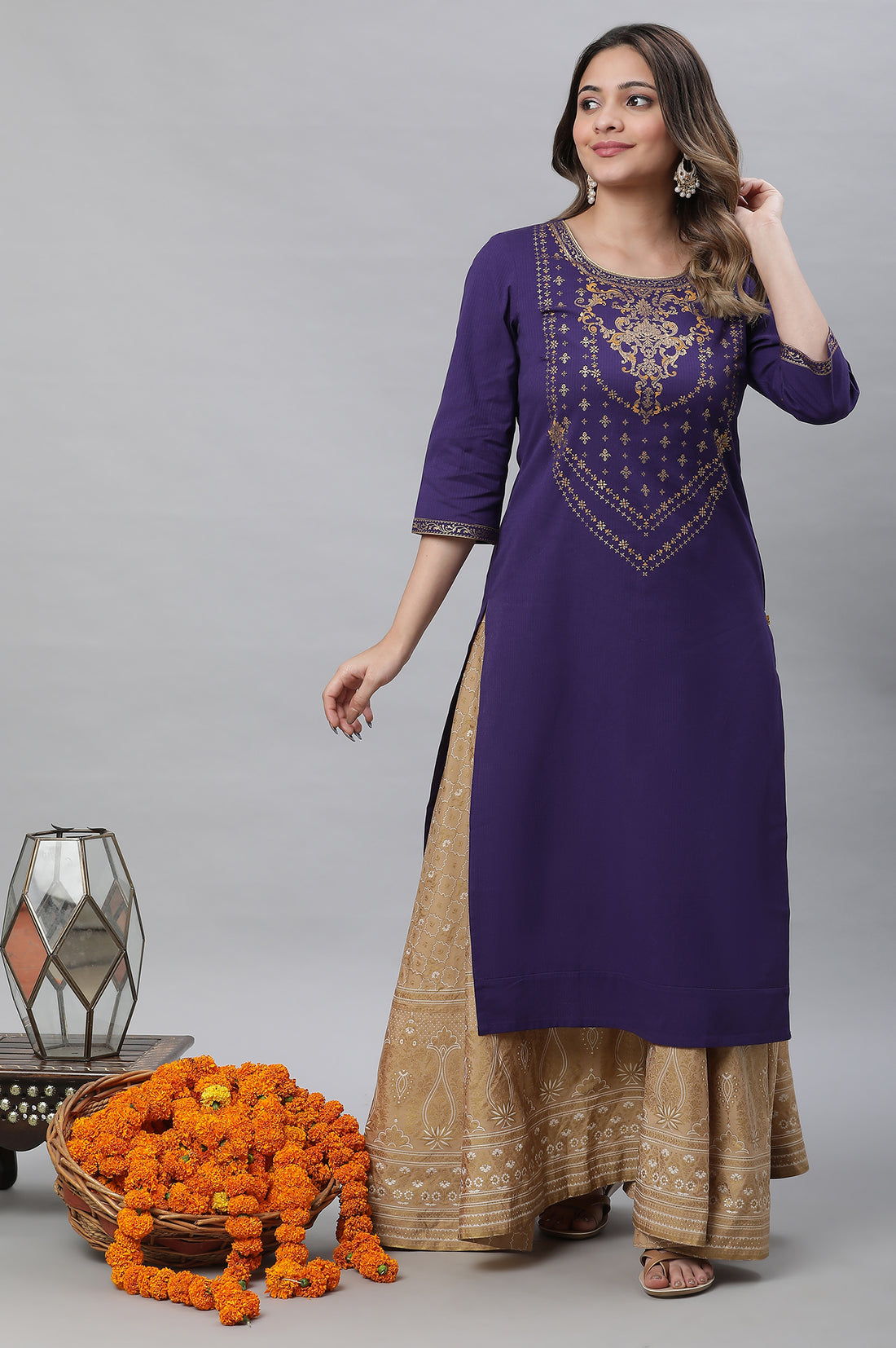 Purple Abstract Print Foil Printed Straight Cotton Kurta