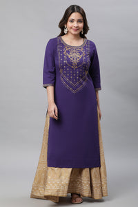 Purple Abstract Print Foil Printed Straight Cotton Kurta