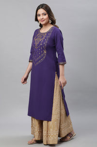 Purple Abstract Print Foil Printed Straight Cotton Kurta