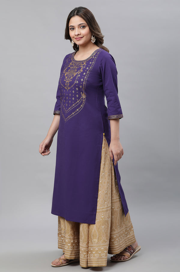 Purple Abstract Print Foil Printed Straight Cotton Kurta
